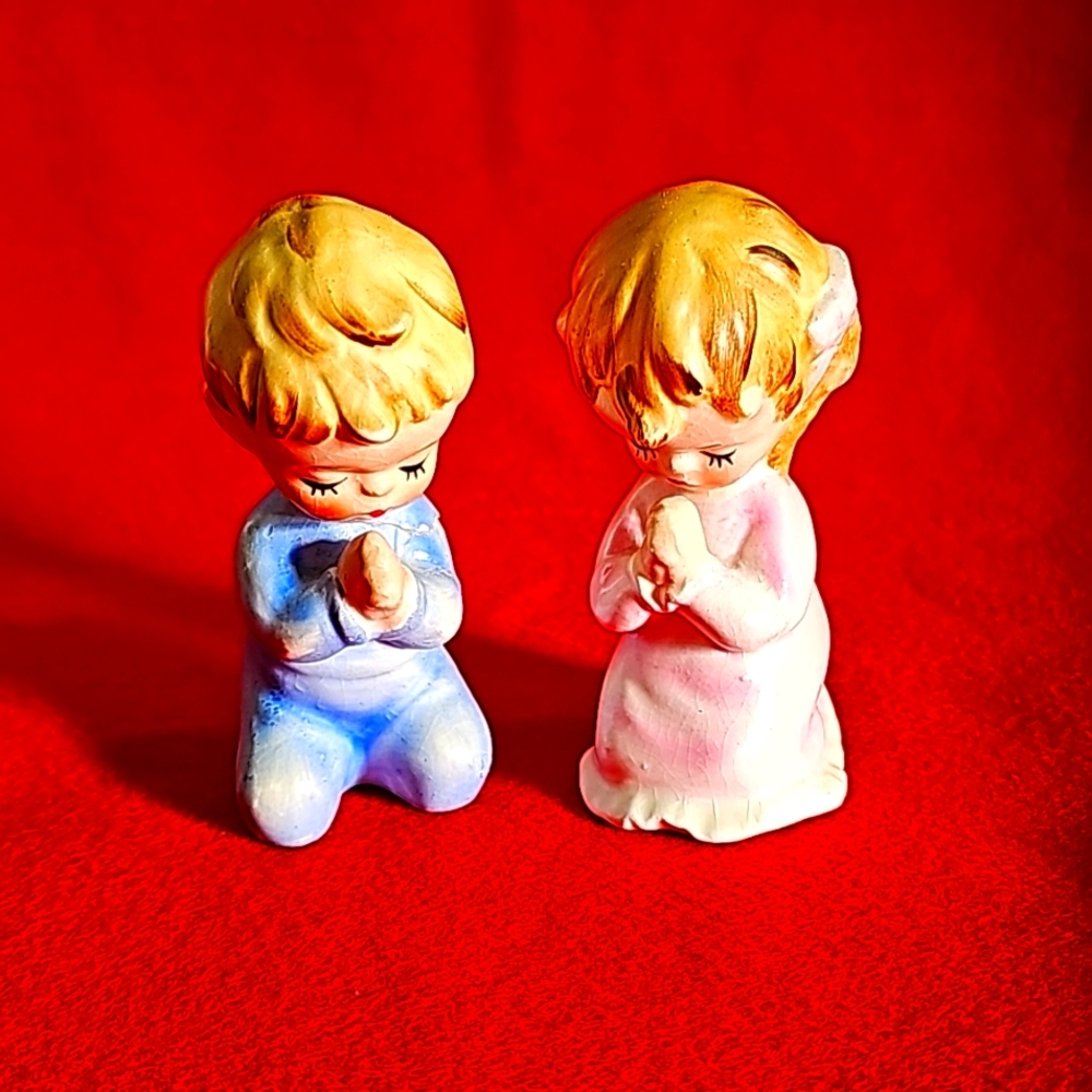 Vintage 1960's Japan LEFTON Porcelain Girl and Boy Kneeling & Praying Figurines